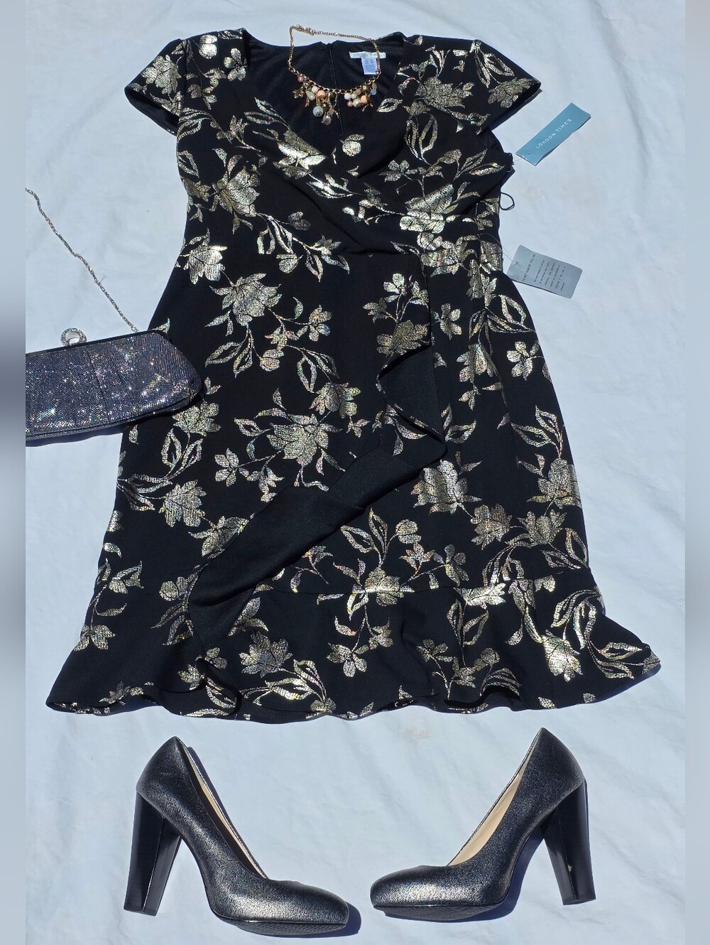 NWT London Times Black & Gold Metallic Floral Faux Wrap Cocktail Dress Size 14